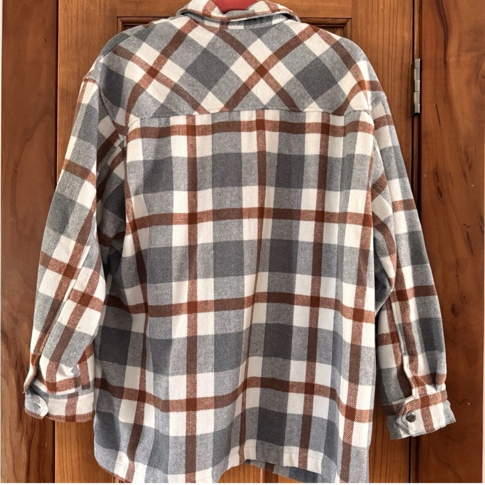 HFX Flannel Jacket Women's Medium Gray Orange Plaid Snap Shacket Fall - Picture 3 of 3